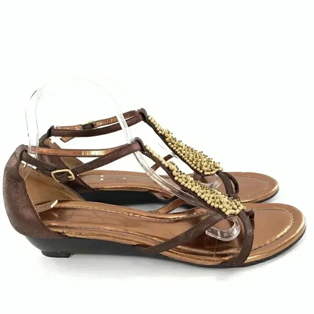 Jessica Simpson sandals 9.5 39.5 gloria bronze suede t-strap Bohemian wedge